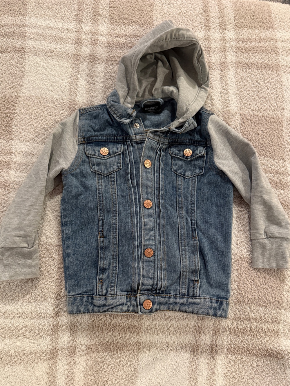 Little Bipsy Blue Denim Jacket with Gray Hoodie Sleeves